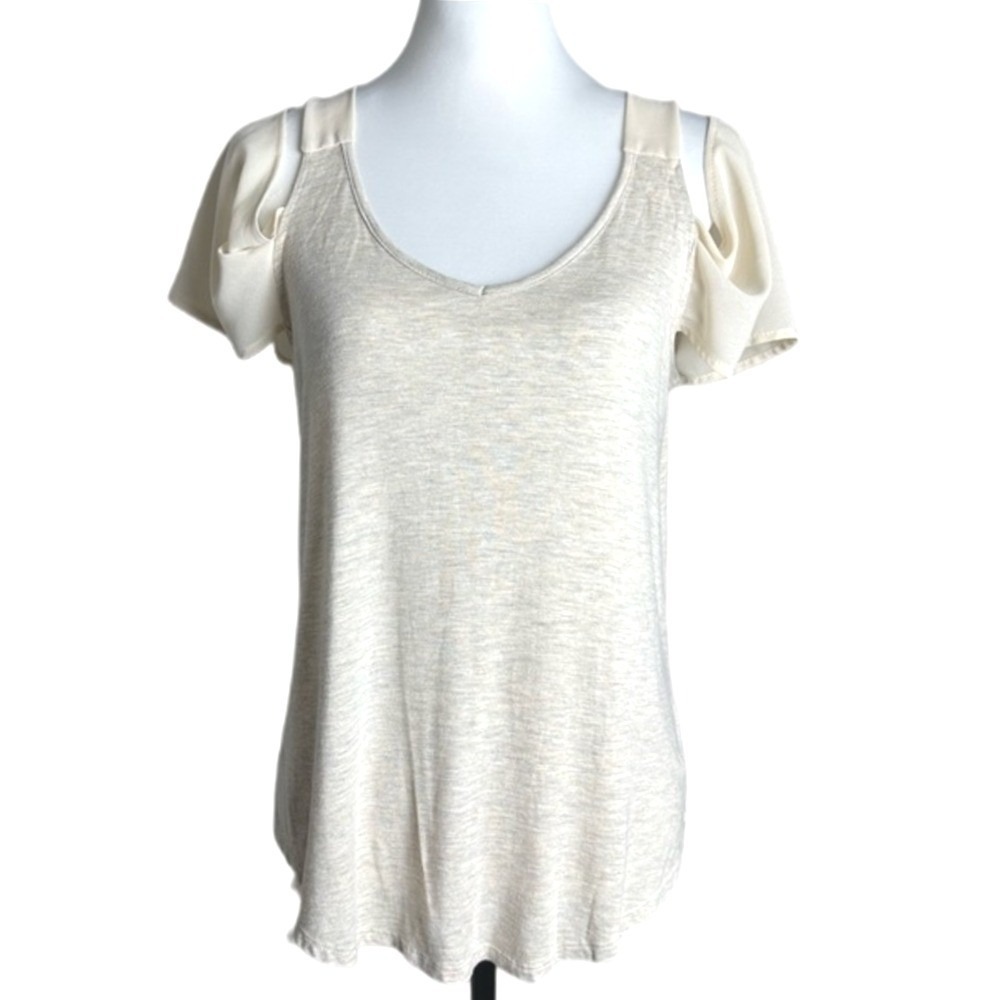 Kim & Cami Cold Shoulder Flutter Sleeve Heathered Beige Women Small